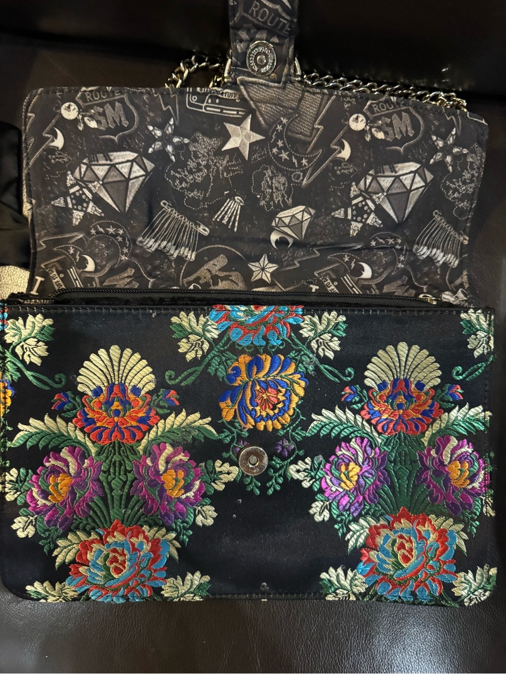 Steve Madden Velvet BurnoutBlack Floral Embroidered Shoulder Bag with Gold Chain - Picture 5 of 7